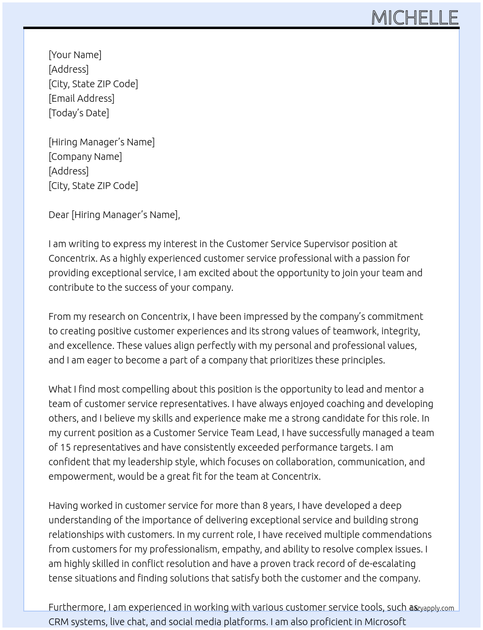 Customer Service supervisor At concentrix Cover Letter