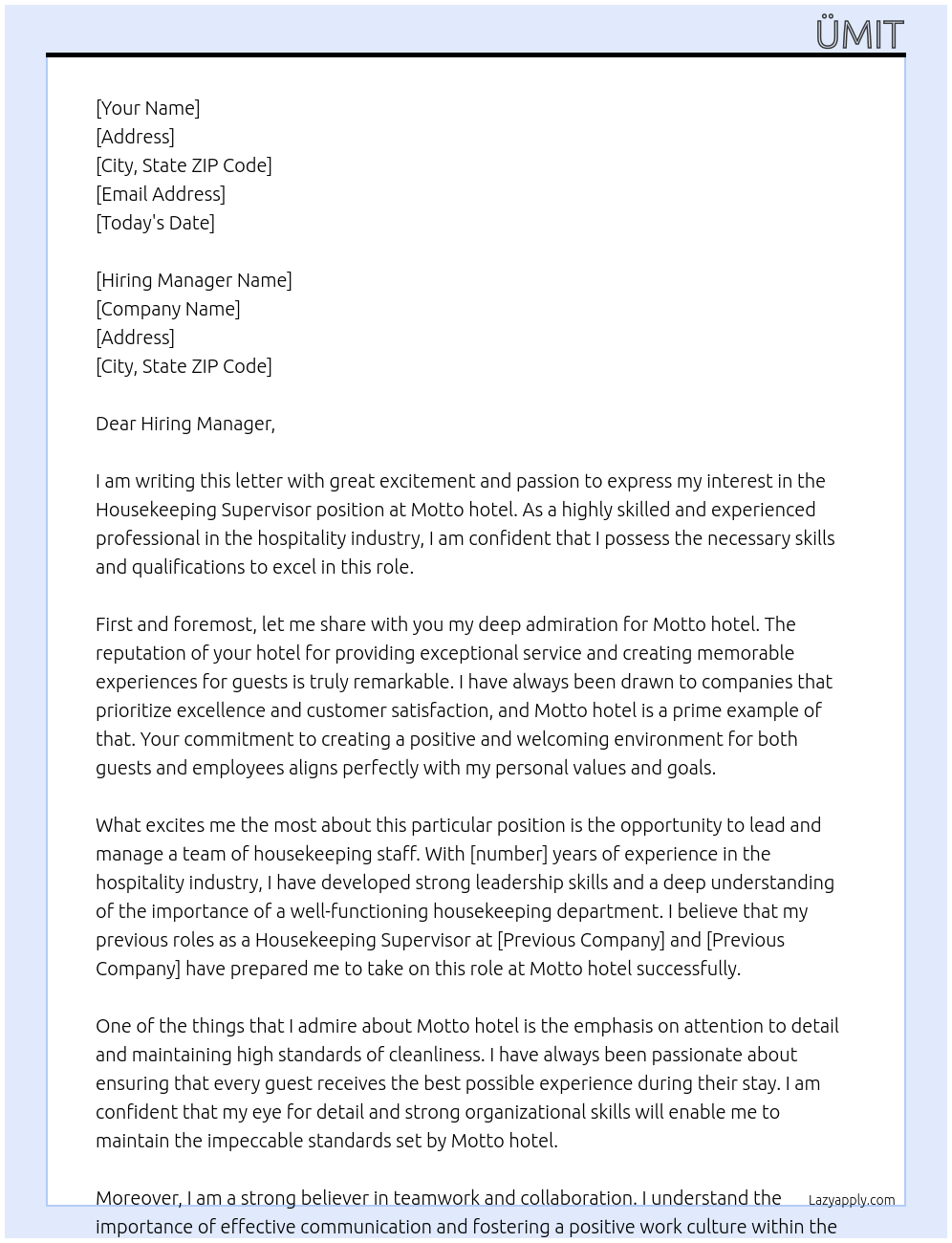 Housekeeping Supervisor At Motto hotel Cover Letter