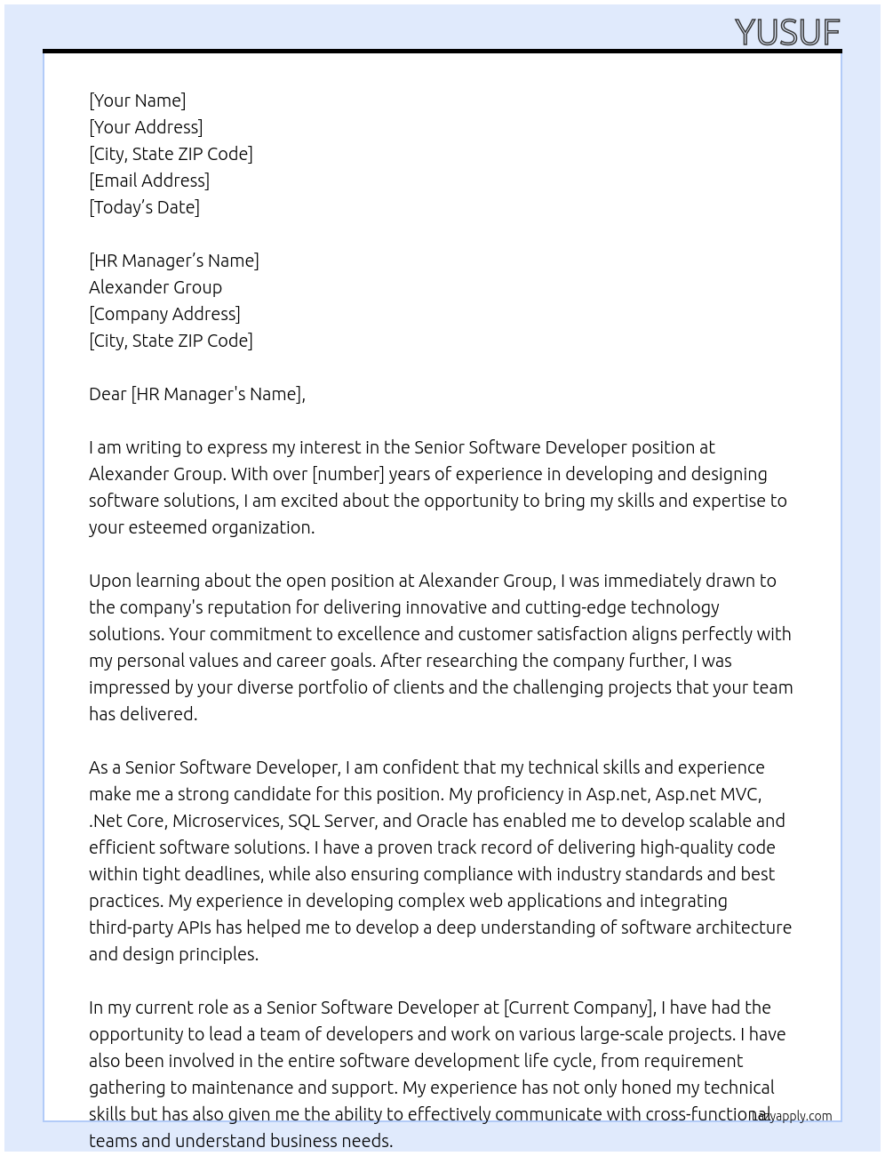 Senior Software Developer At Alexander Group Cover Letter