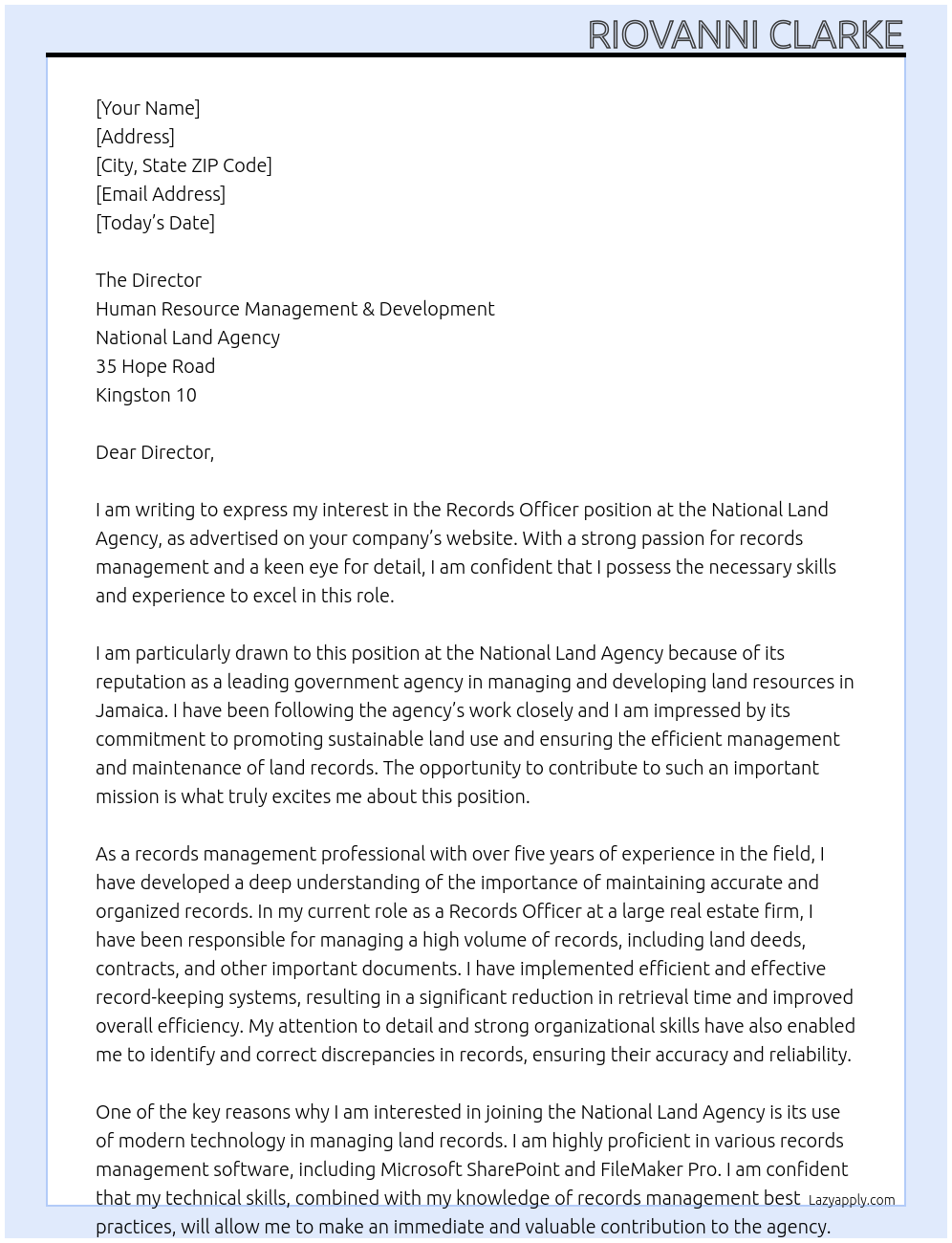 Records Officer At National Land Agency Cover Letter
