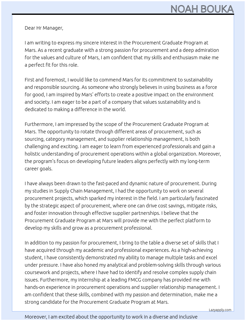 Procurement Graduate Program  At Mars Cover Letter