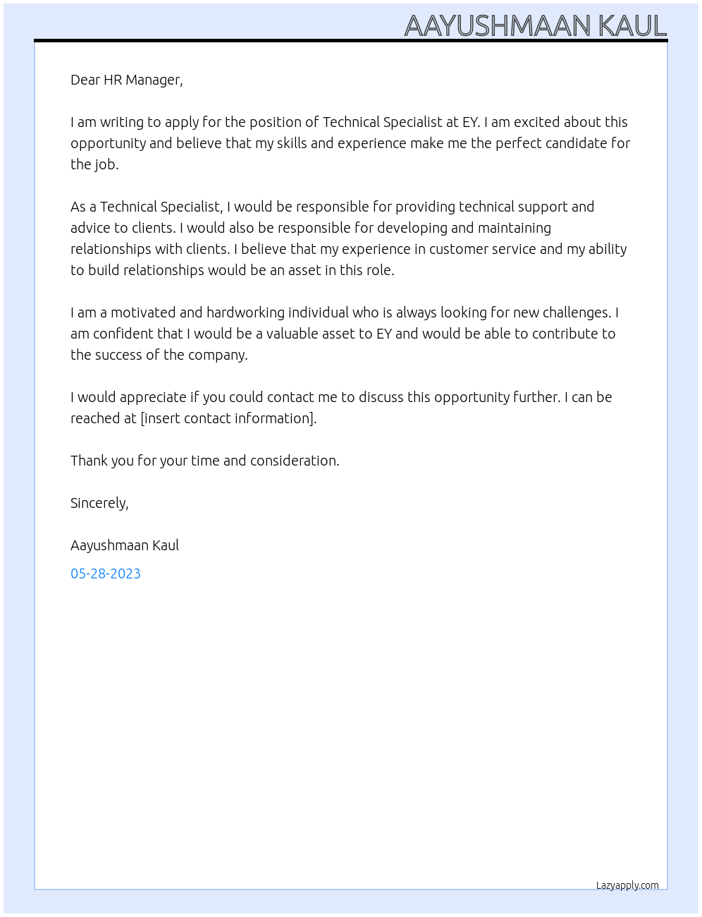 Technical Specialist  At EY Cover Letter