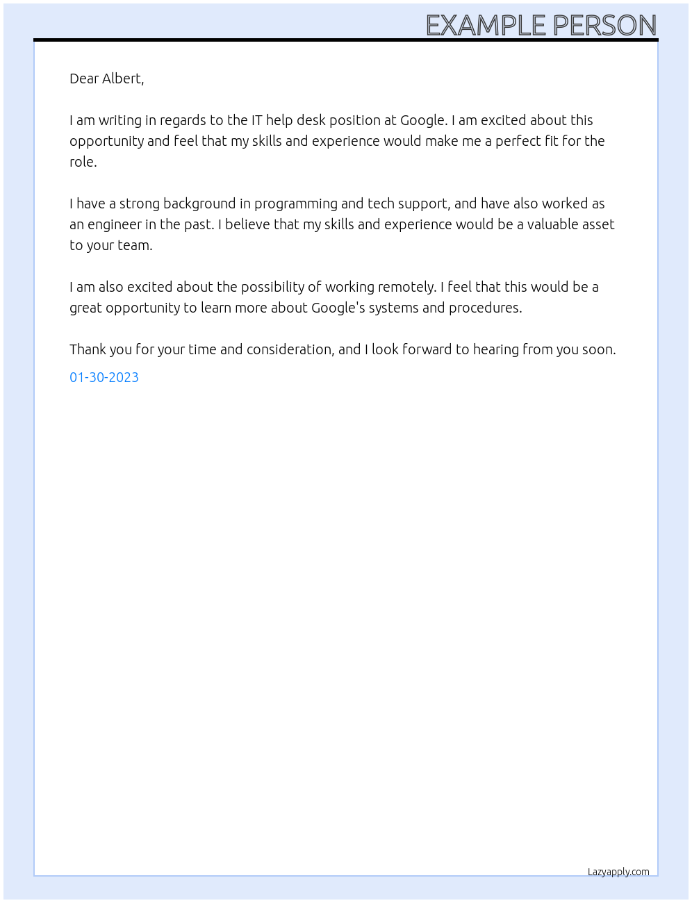 IT help desk At Google Cover Letter