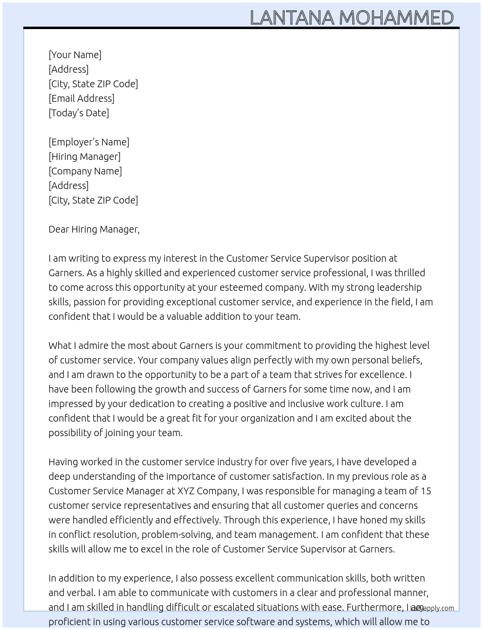 Customer service supervisor At Garners Cover Letter