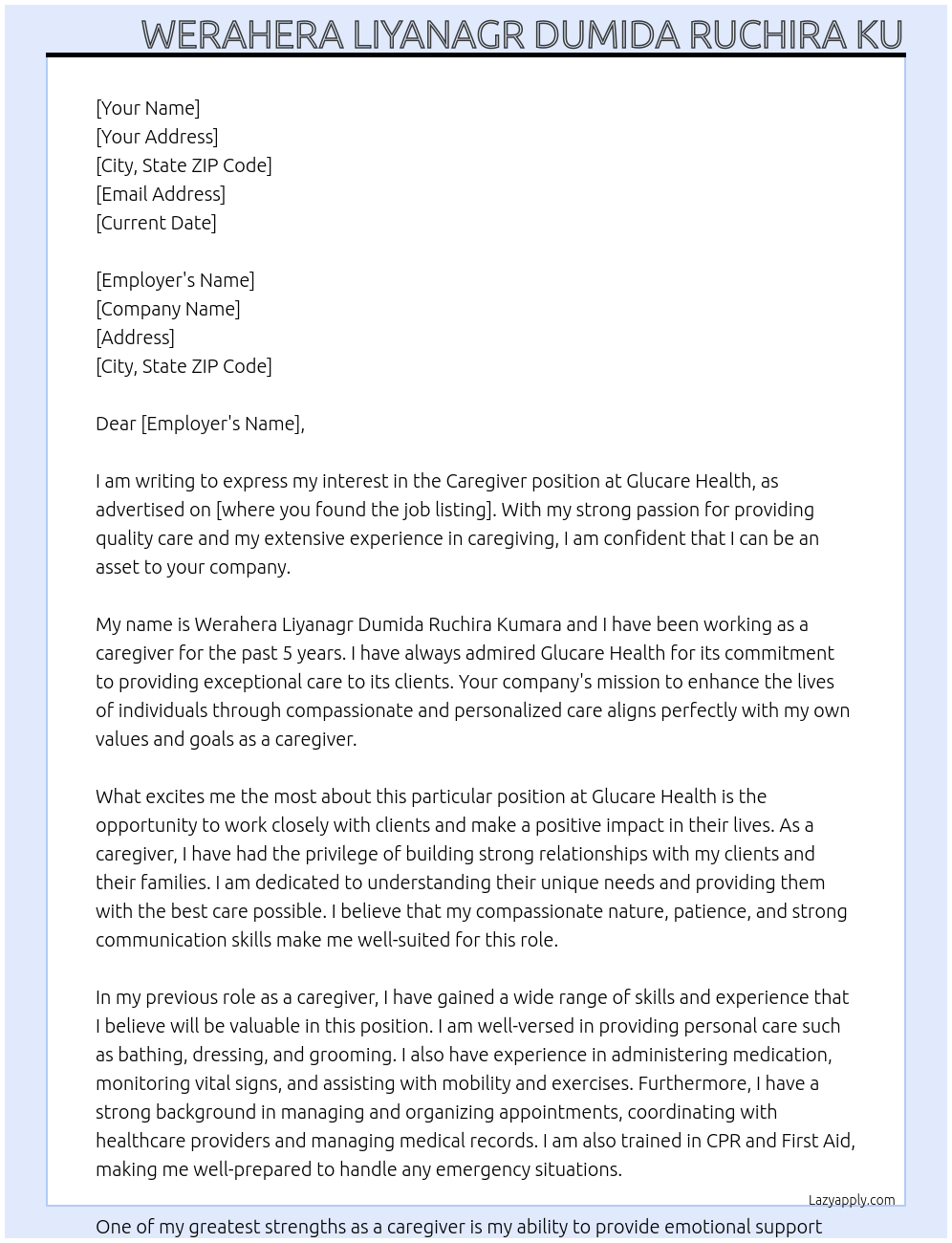 care giver At glucare health Cover Letter