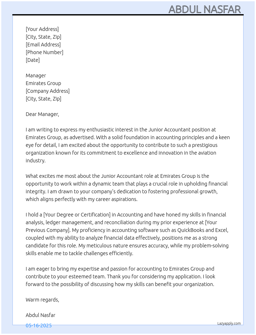 Junior Accountant At Emirates Group Cover Letter
