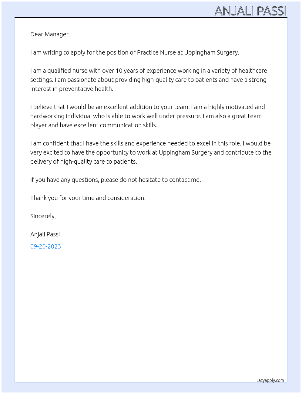 Practice nurse At Uppingham Surgery Cover Letter