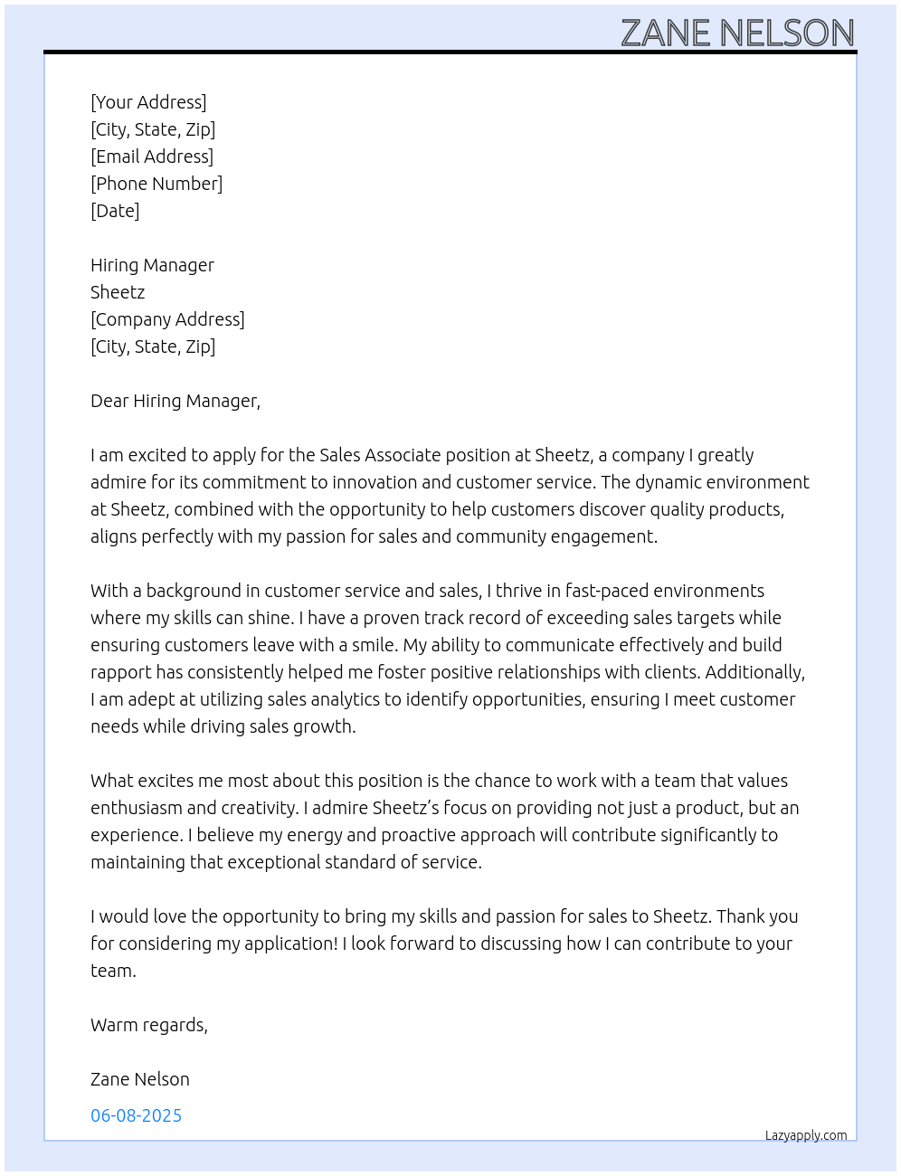 Sales Associate At Sheetz Cover Letter