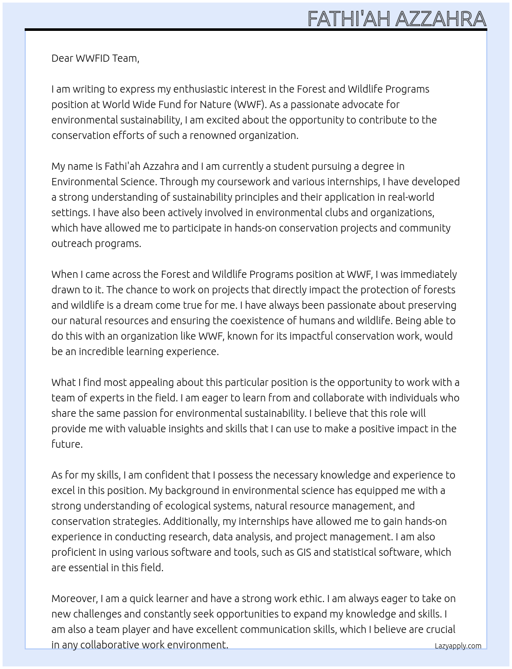 Forest and Wildlife Programs At World Wide Fund for Nature (WWF) Cover Letter