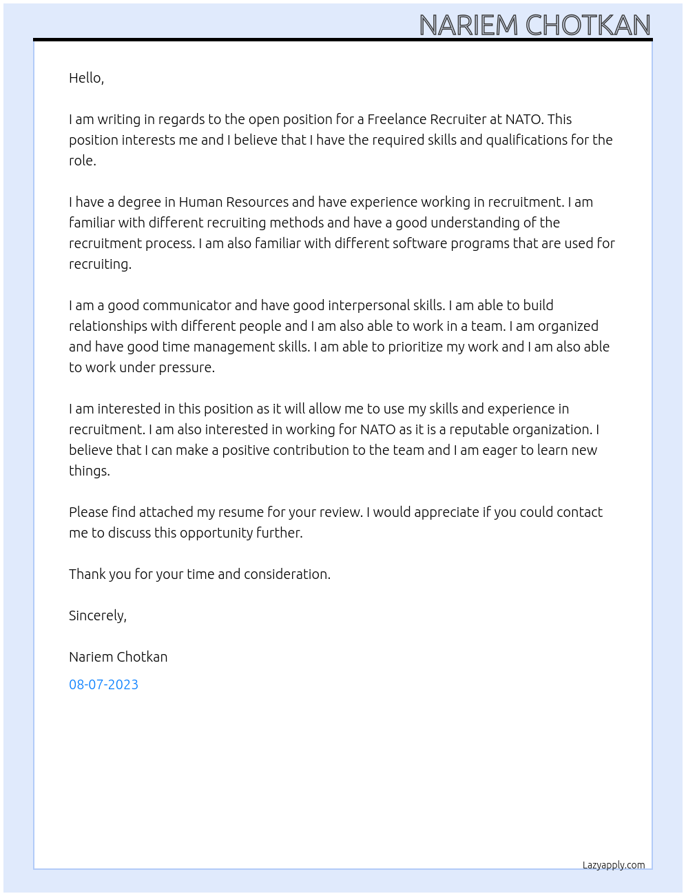 Freelance recruiter At Nato Cover Letter