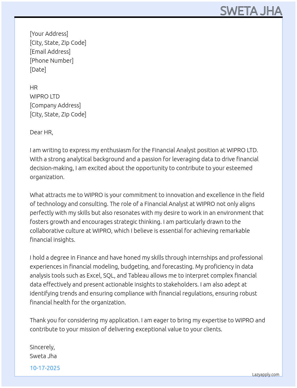 Cover letter for Financial Analyst - LazyApply