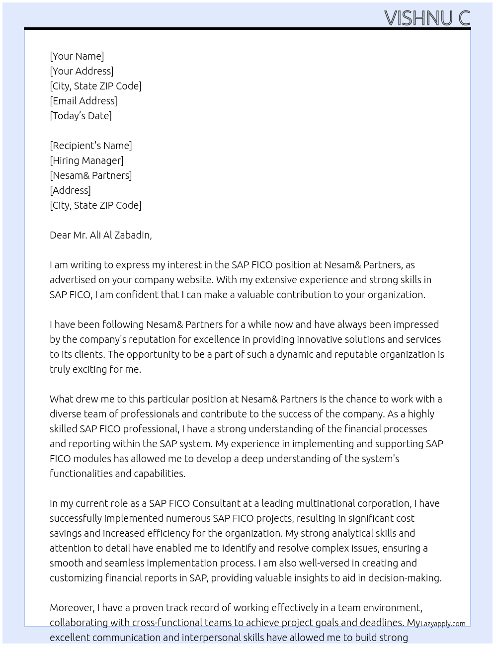 SAP FICO At Nesam& partners Cover Letter