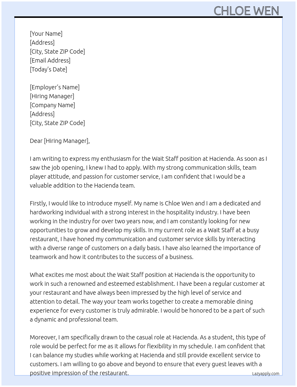 wait staff  At Hacienda Cover Letter