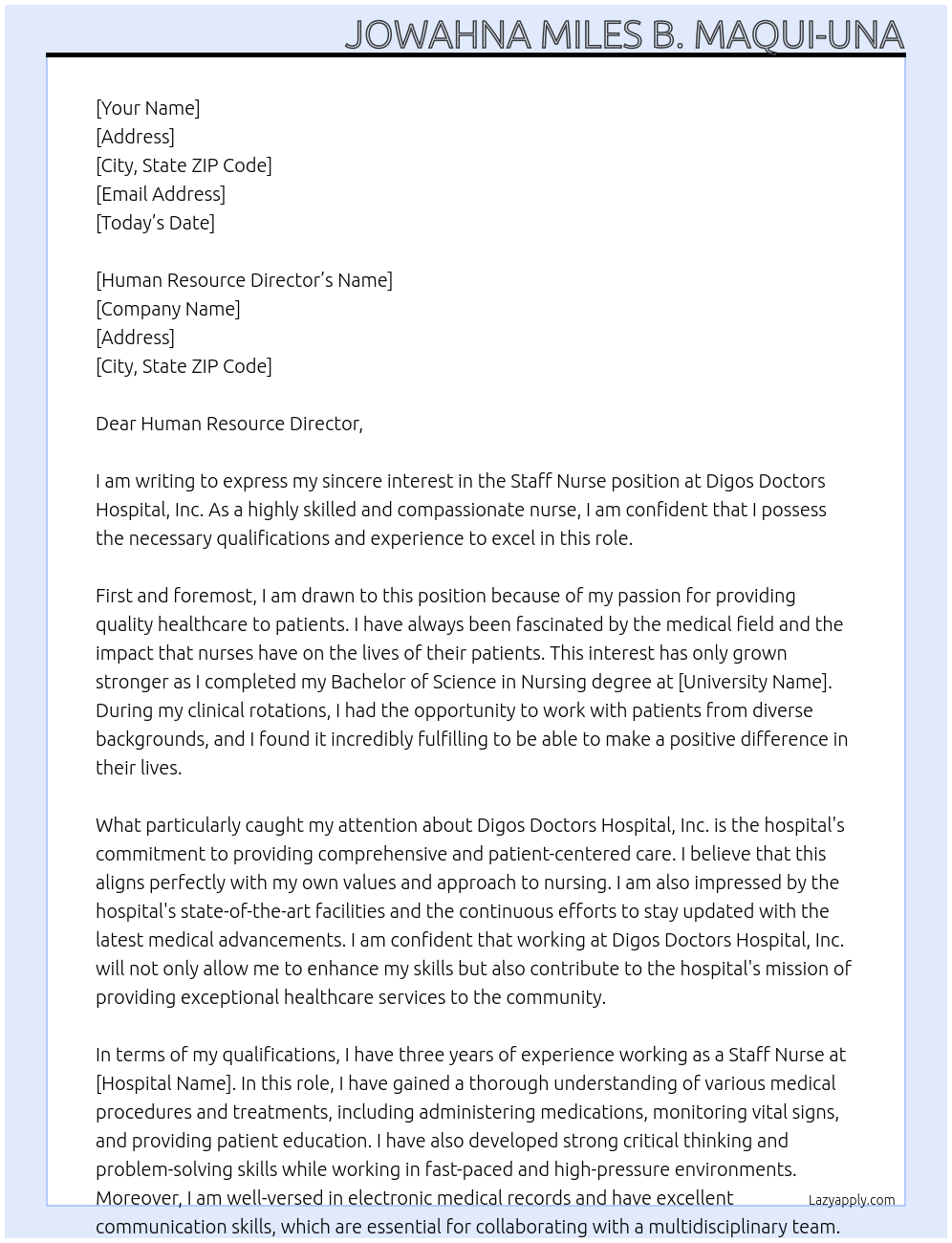 Staff Nurse At Digos Doctors Hospital, Inc. Cover Letter