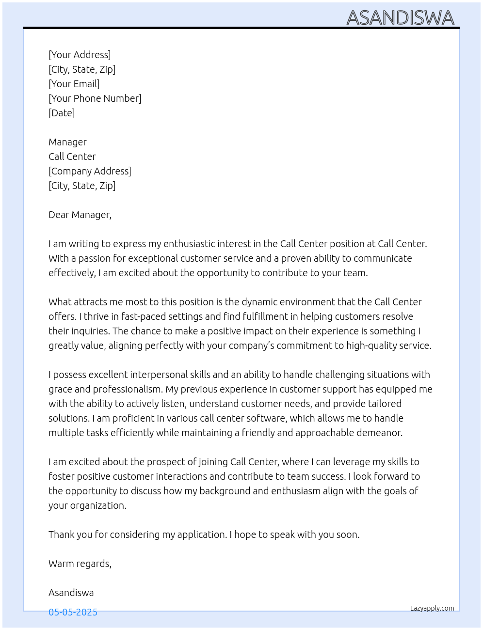 Call center At Call center Cover Letter