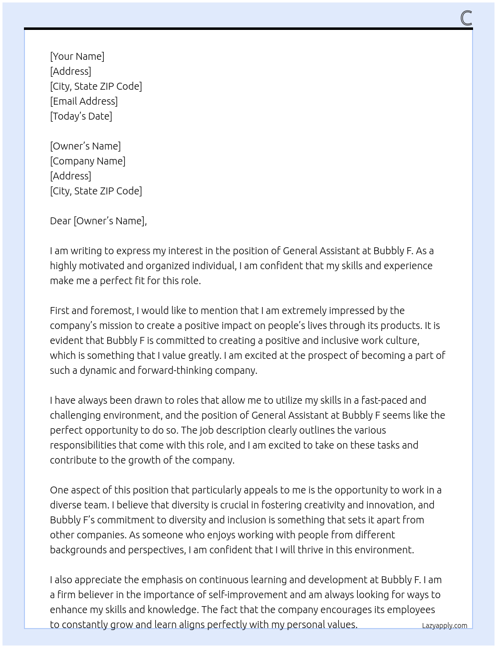 general assistant At Bubbly F Cover Letter