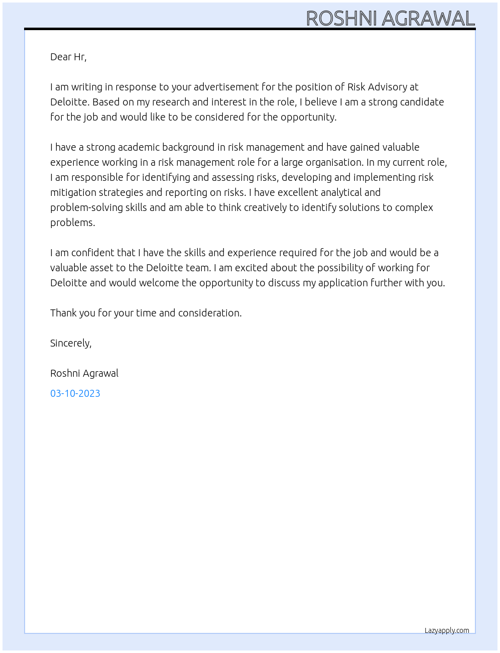 Risk Advisory At Deloitte  Cover Letter