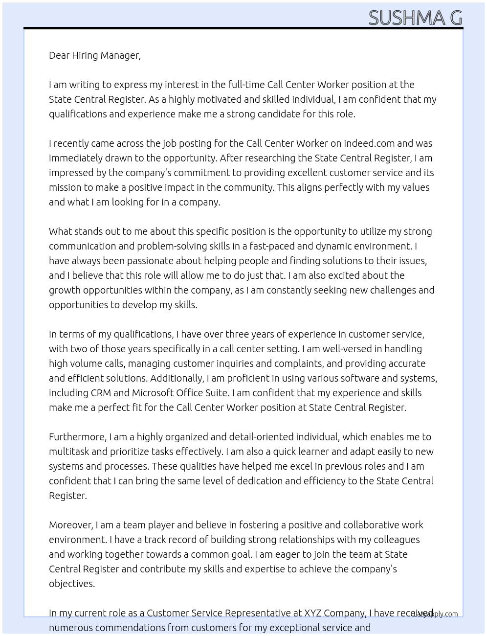 Call Center At STATE CENTRAL REGISTER CALL CENTER WORKER Cover Letter