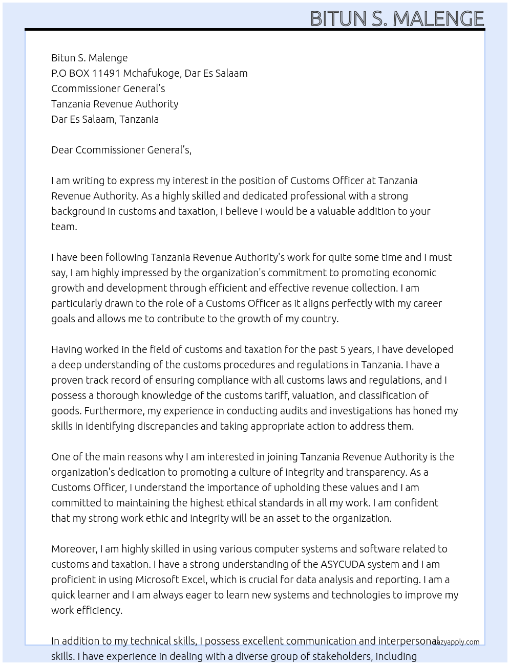 customs officer At Tanzania Revinue Authority Cover Letter