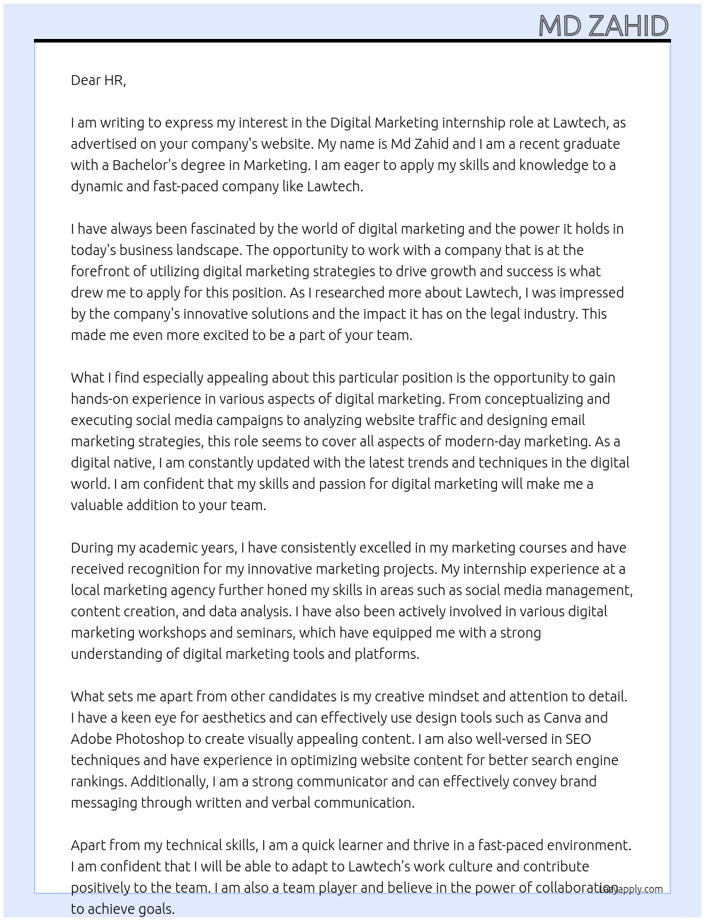 Digital Marketing At Lawtech Cover Letter
