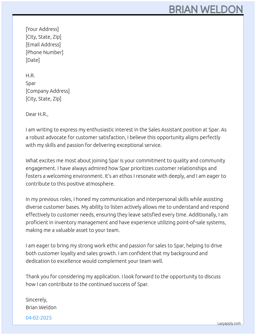 Sales assistant At Spar Cover Letter