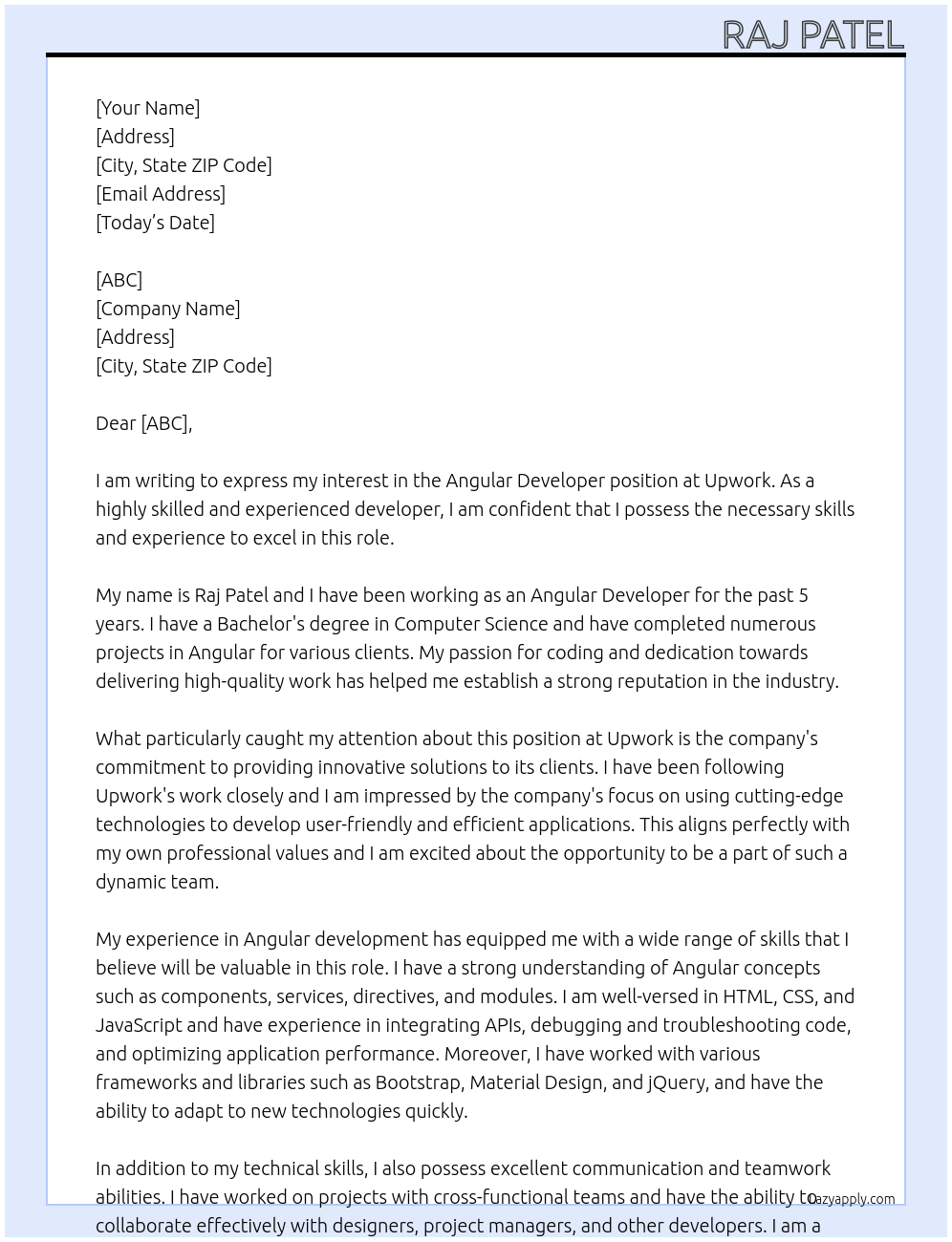 Angular Developer At Upwork Cover Letter