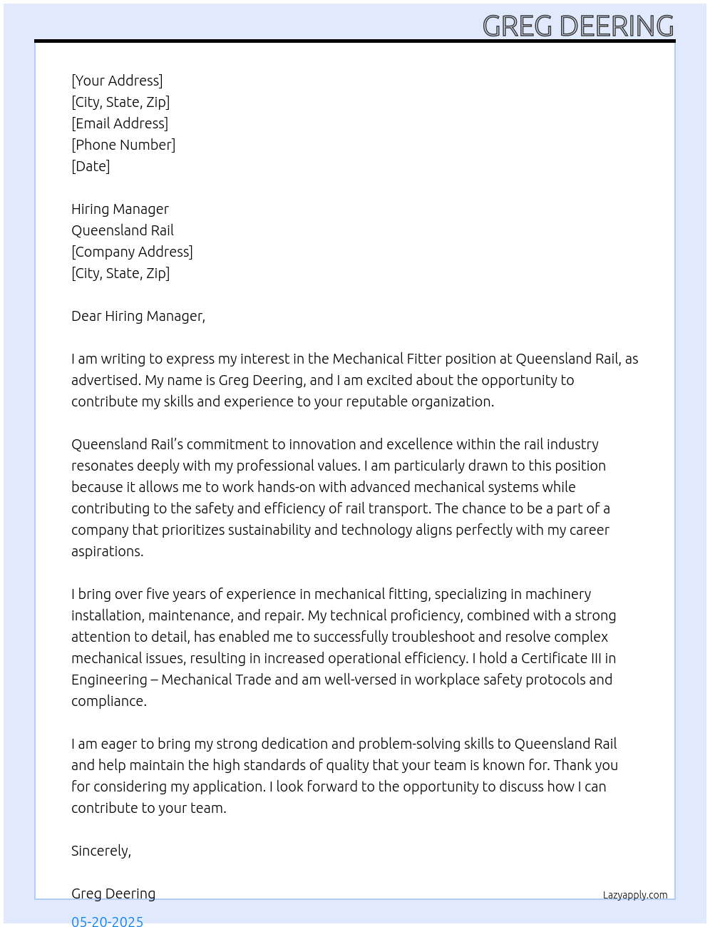 Mechanical Fitter At Queensland Rail Cover Letter