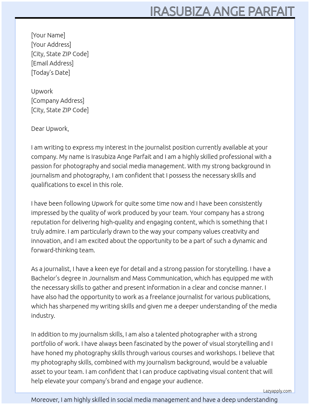 journalist At UPWORK Cover Letter