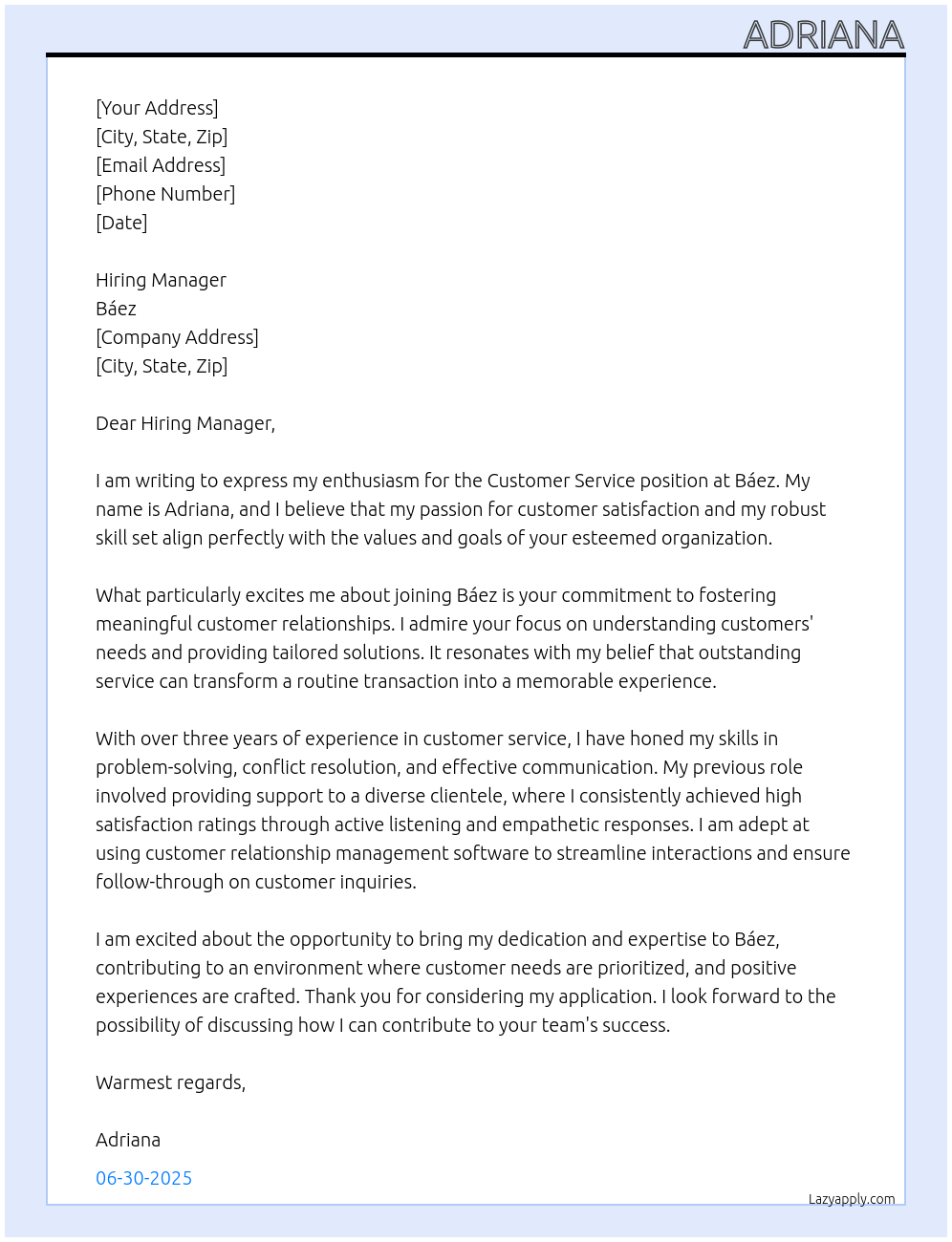 Customer service At Báez Cover Letter