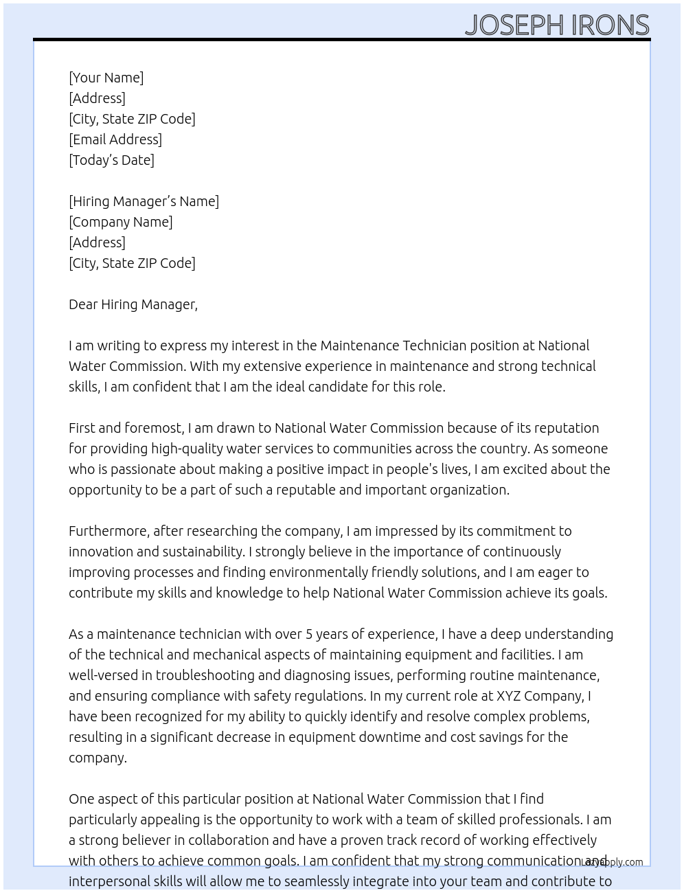 maintenance Technician At National Water Commission Cover Letter