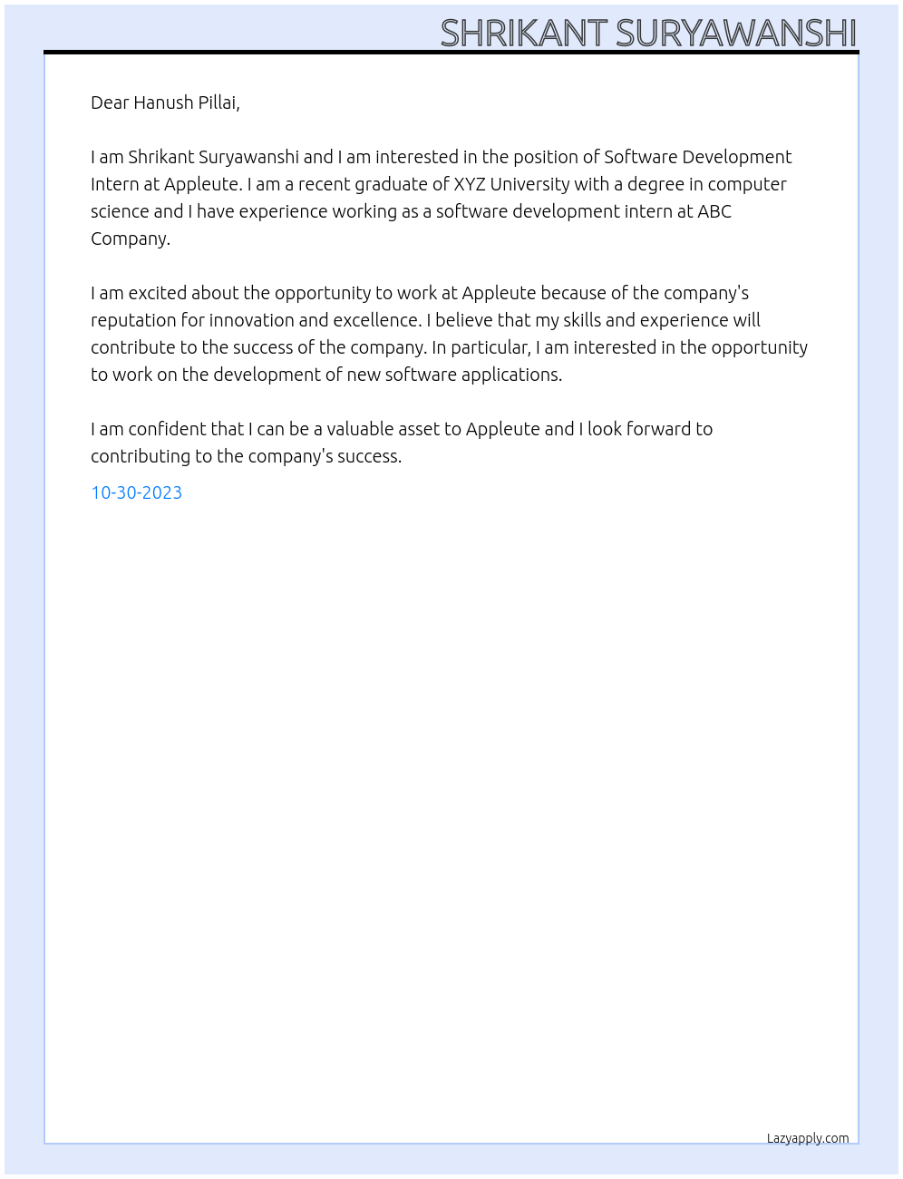 Software Development Intern At Appleute Cover Letter