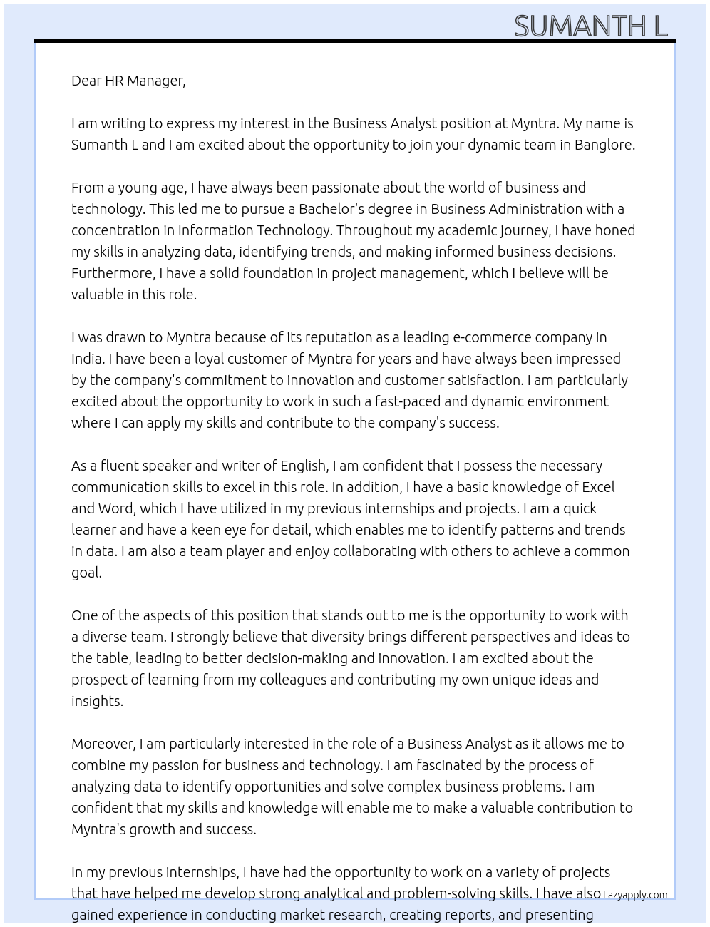 Business analysts At Myntra Cover Letter