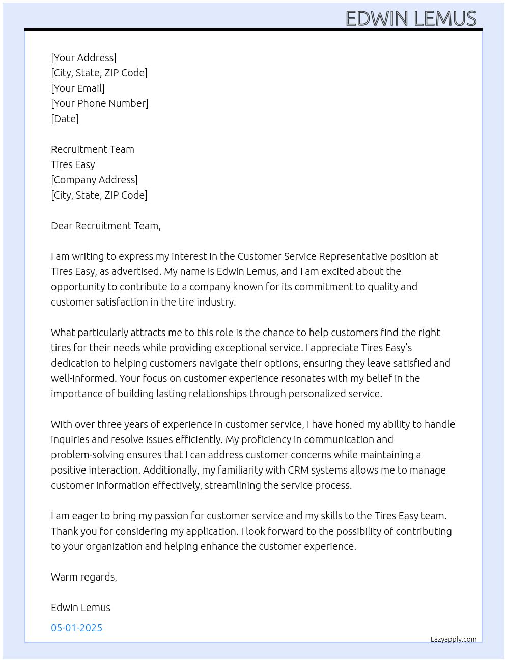 Customer Service Representative At Tires Easy Cover Letter
