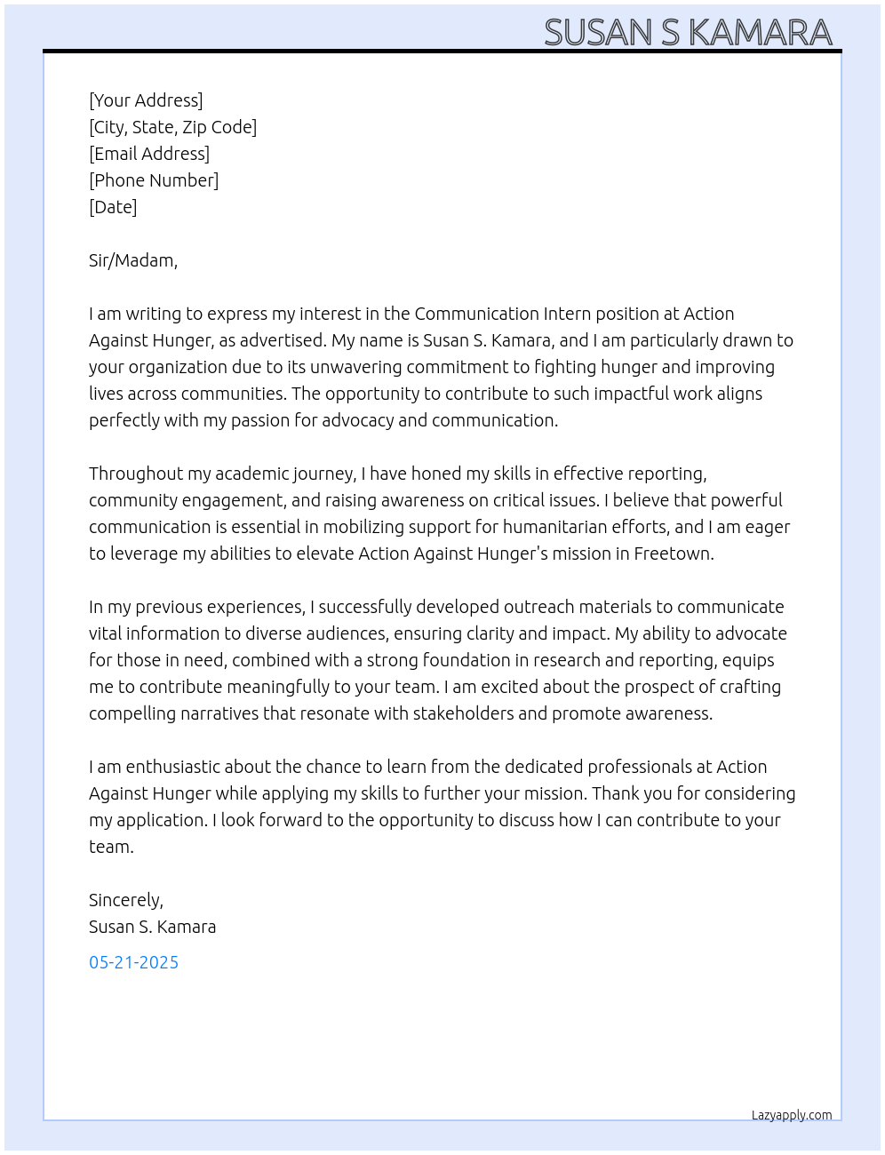 Communication Intern At Action Against Hunger Cover Letter