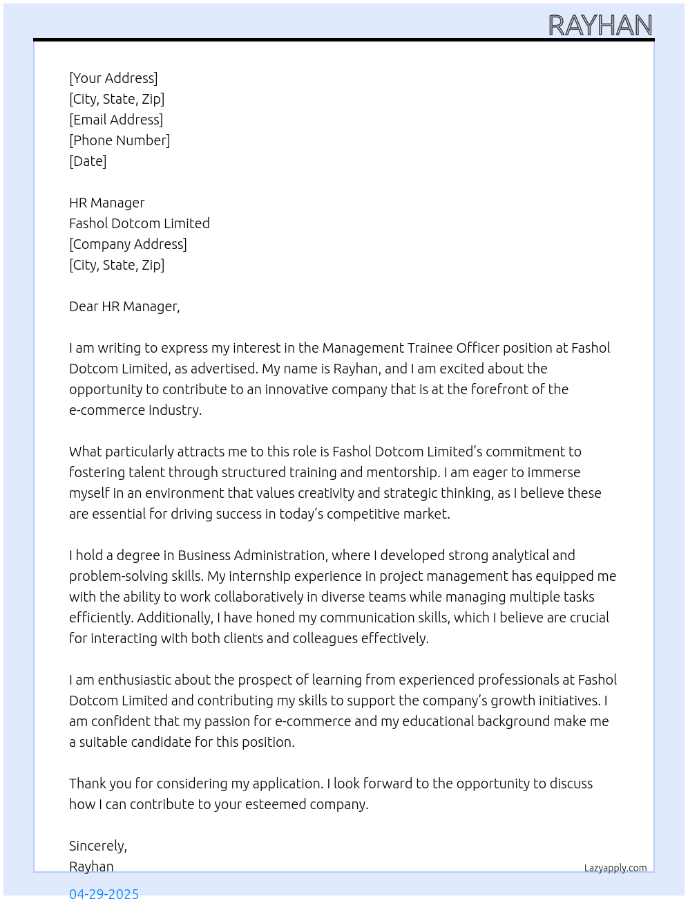 Management Trainee Officer At Fashol Dotcom Limited Cover Letter