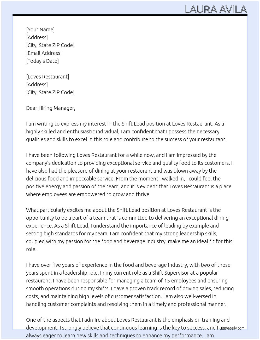 Cover letter for shift lead - LazyApply