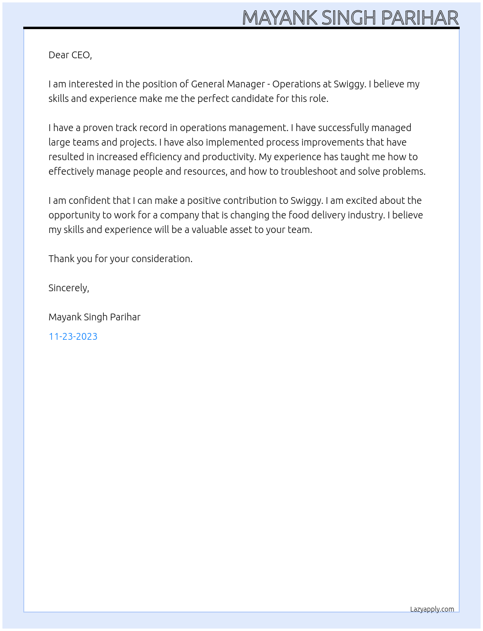 General Manager - Operations At Swiggy Cover Letter