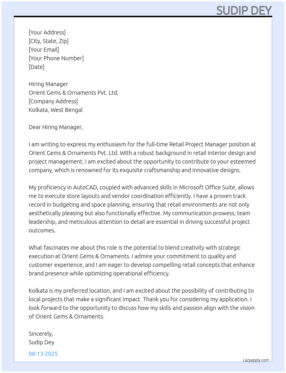 retail At Orient Gems & Ornaments Pvt. Ltd Cover Letter