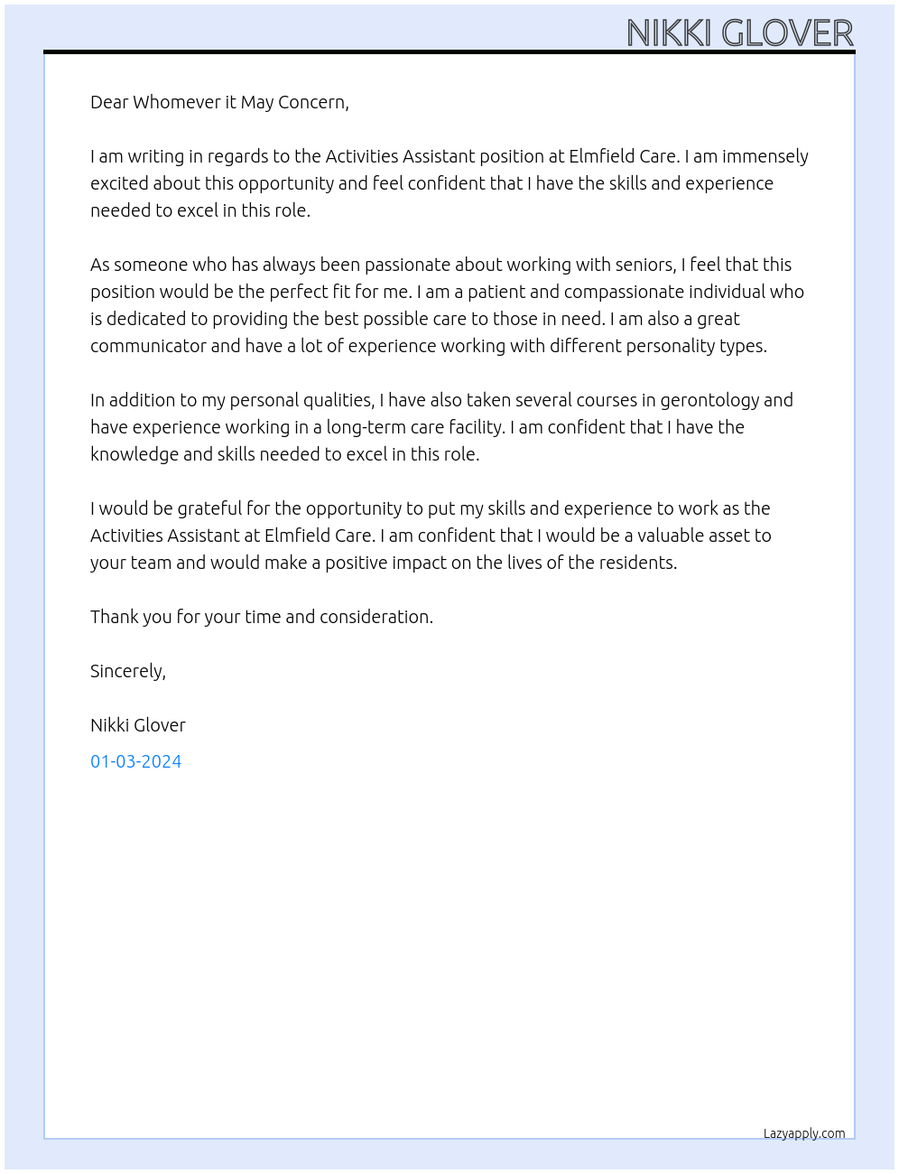 Activities Assistant At Elmfield Care Cover Letter
