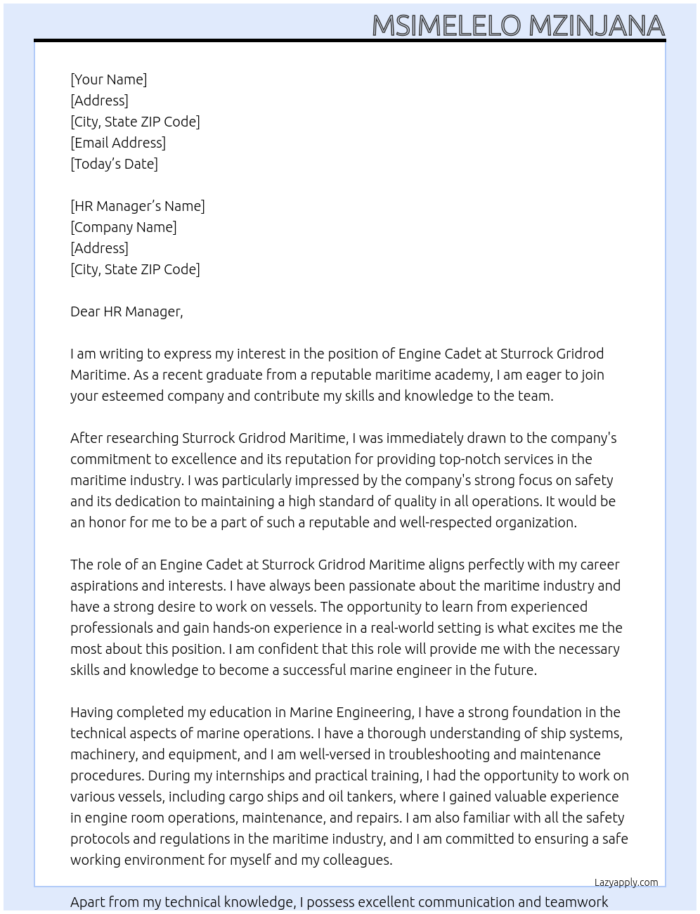 Engine Cadet At Sturrock Gridrod Maritime Cover Letter