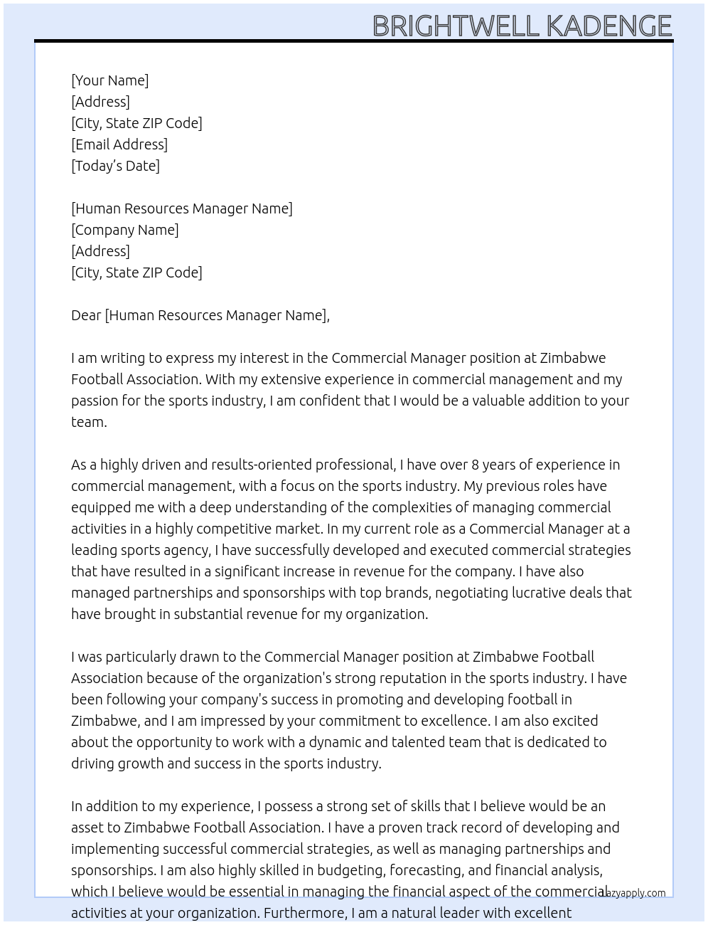 Commercial Manager At Zimbabwe Football Association Cover Letter