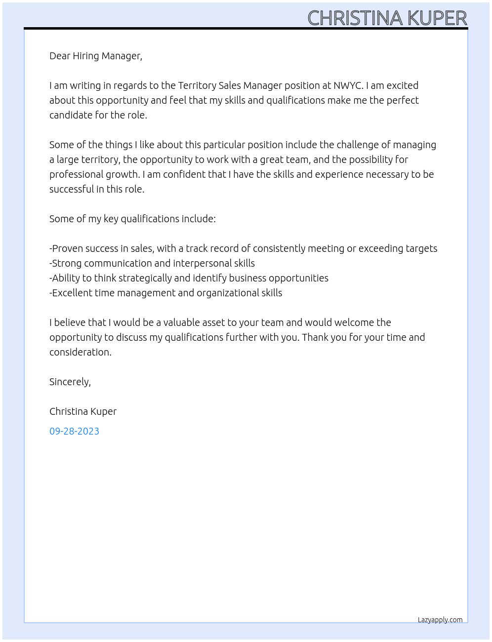 Territory Sales Manager At NWYC Cover Letter