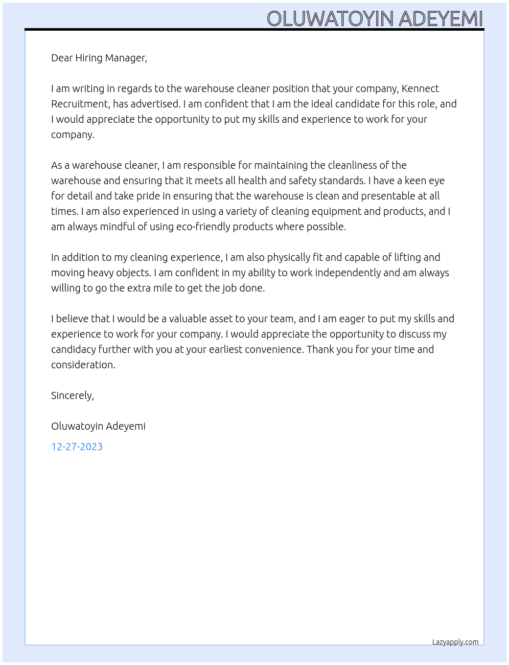 warehouse cleaner At Kennect Recruitment Cover Letter