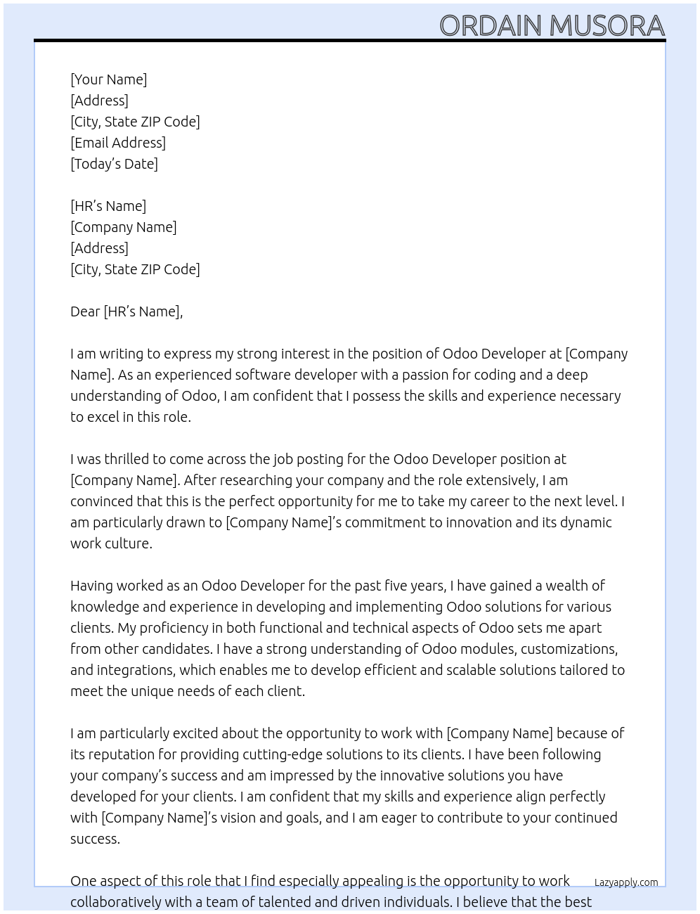 Odoo Developer At N/A Cover Letter