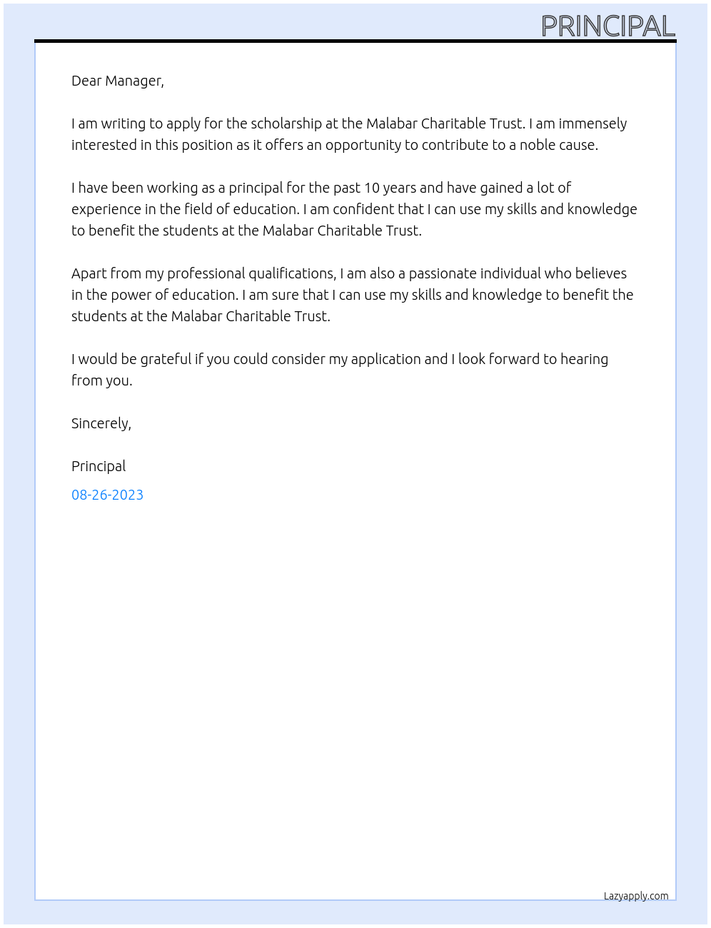 SCHOLARSHIP At MALABAR CHARITABLE TRUST Cover Letter