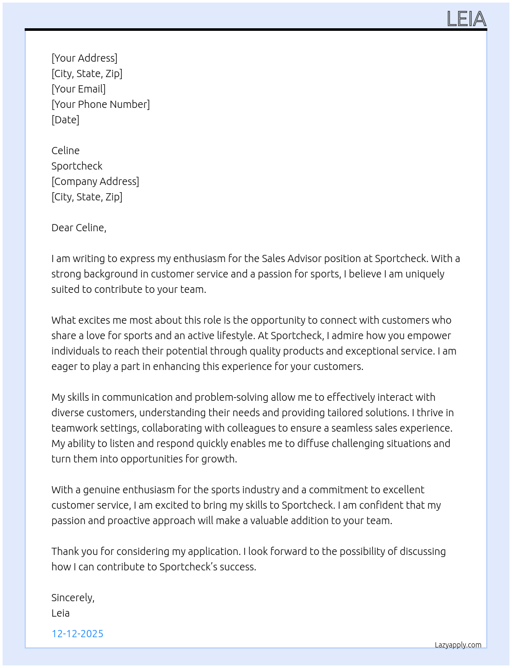 Cover letter for sales advisor - LazyApply