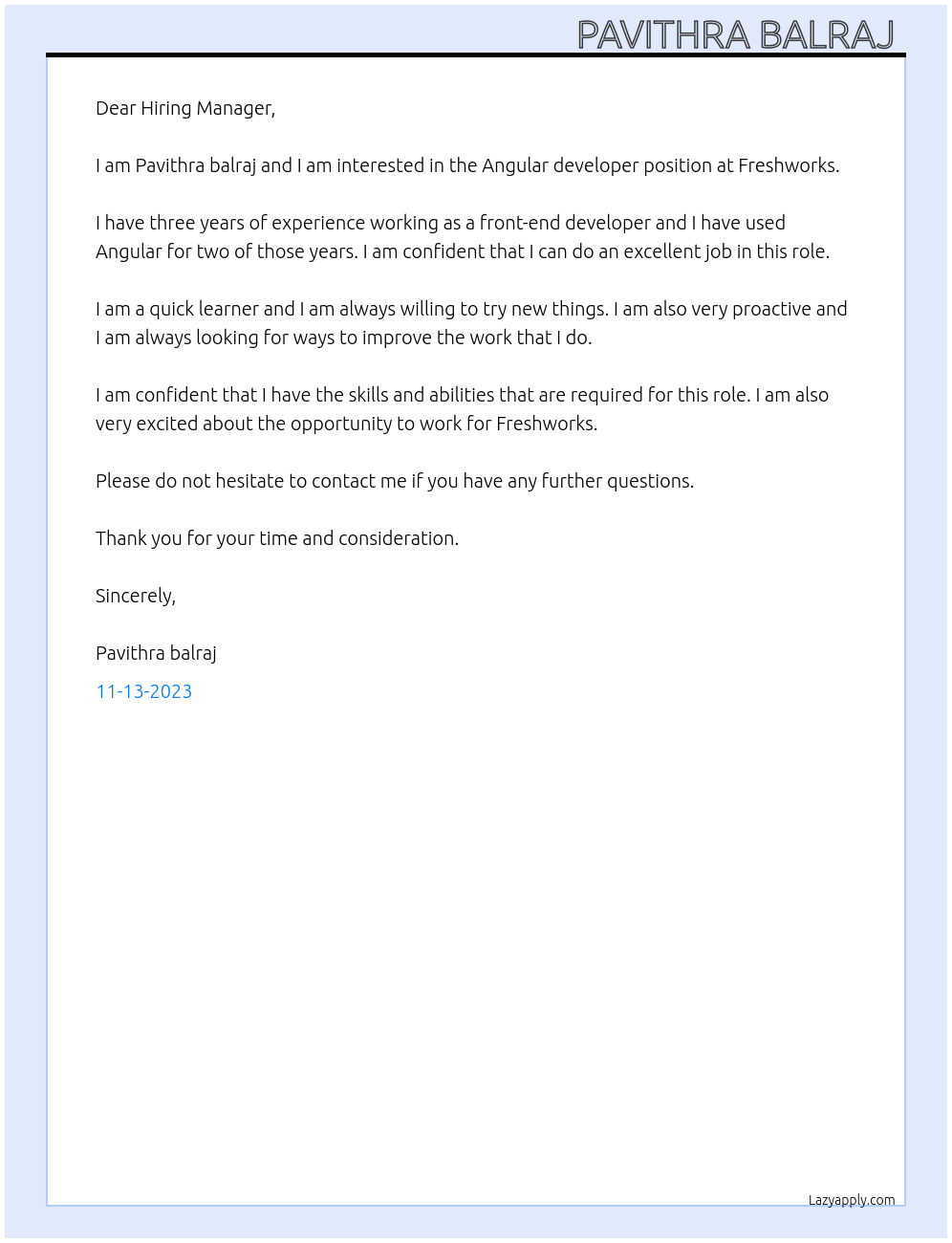 Angular developer At Freshworks Cover Letter