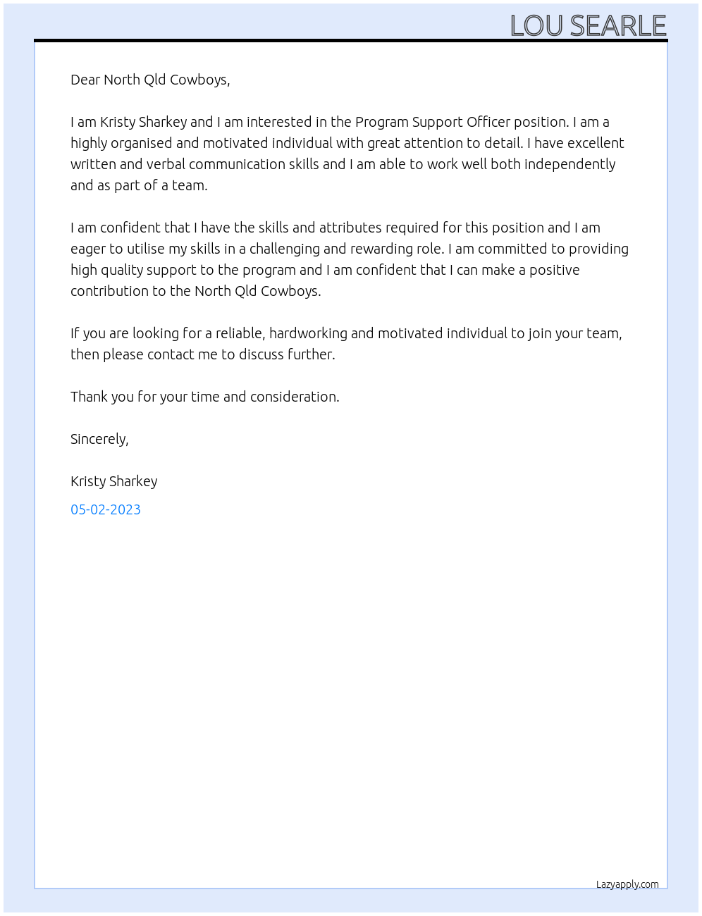 Program Support Officer At North Qld Cowboys Cover Letter