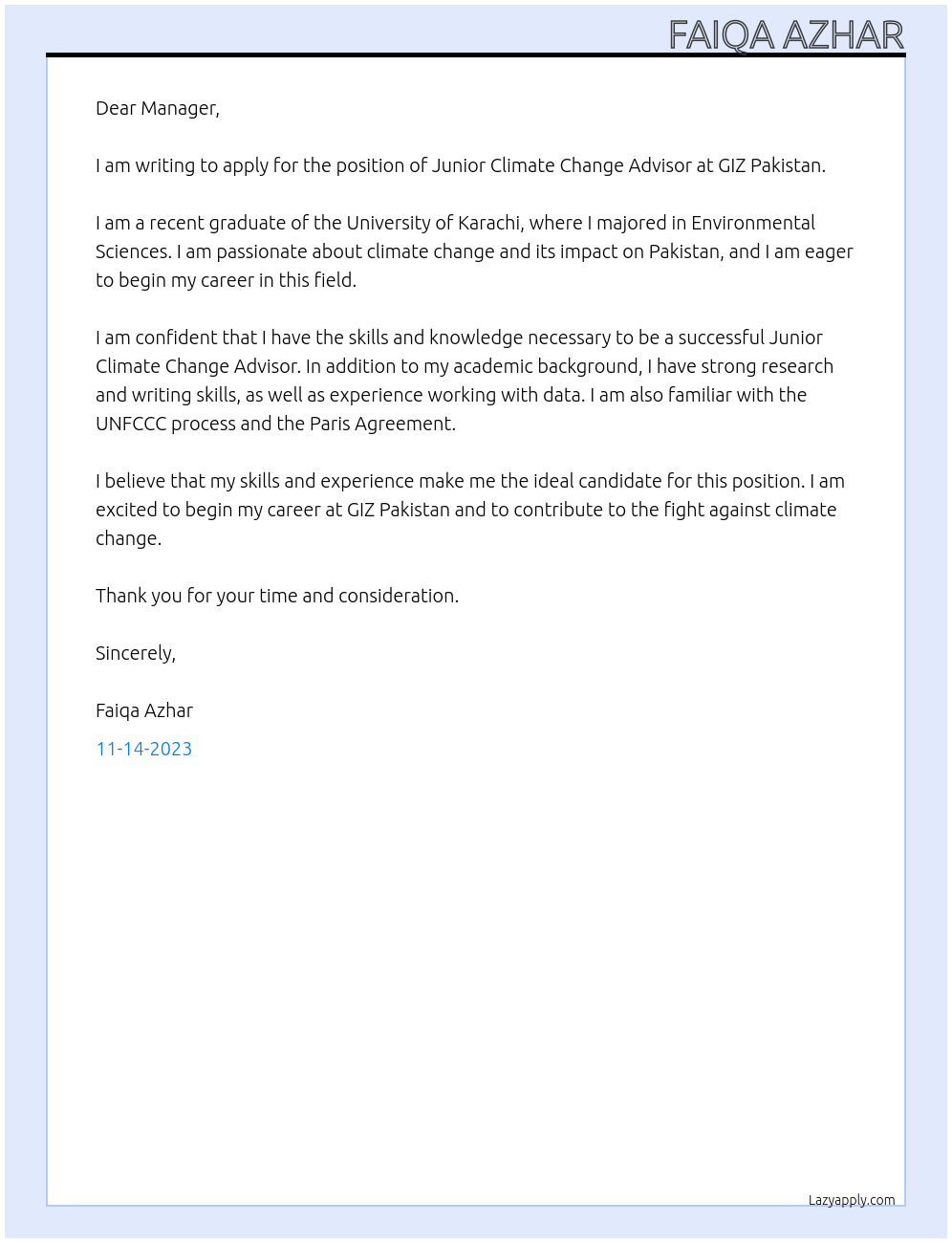 Junior Climate Change Advisor At GIZ Pakistan Cover Letter