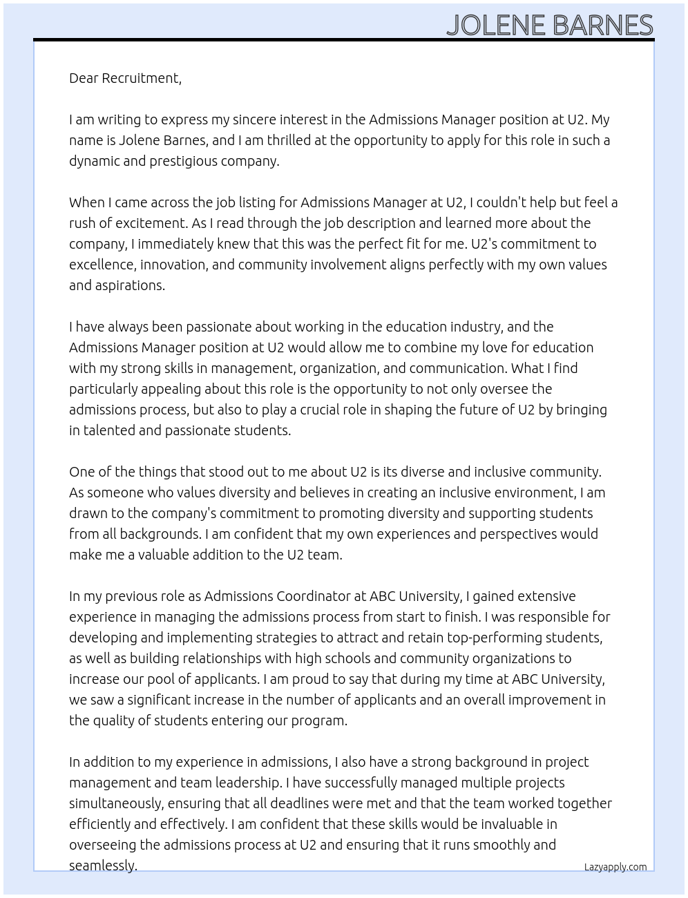 Admissions Manager At U2 Cover Letter